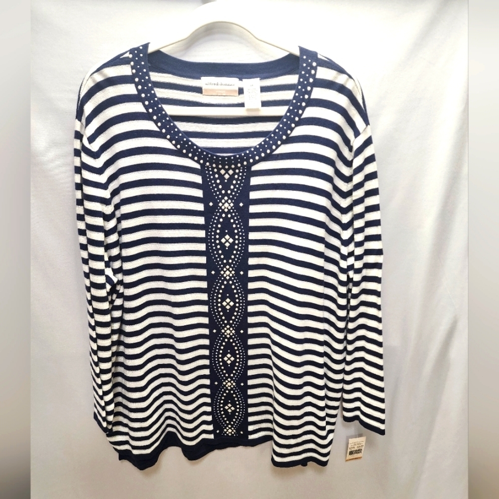 Alfred Dunner Women's Navy, Silver and White Stripe Knit Top